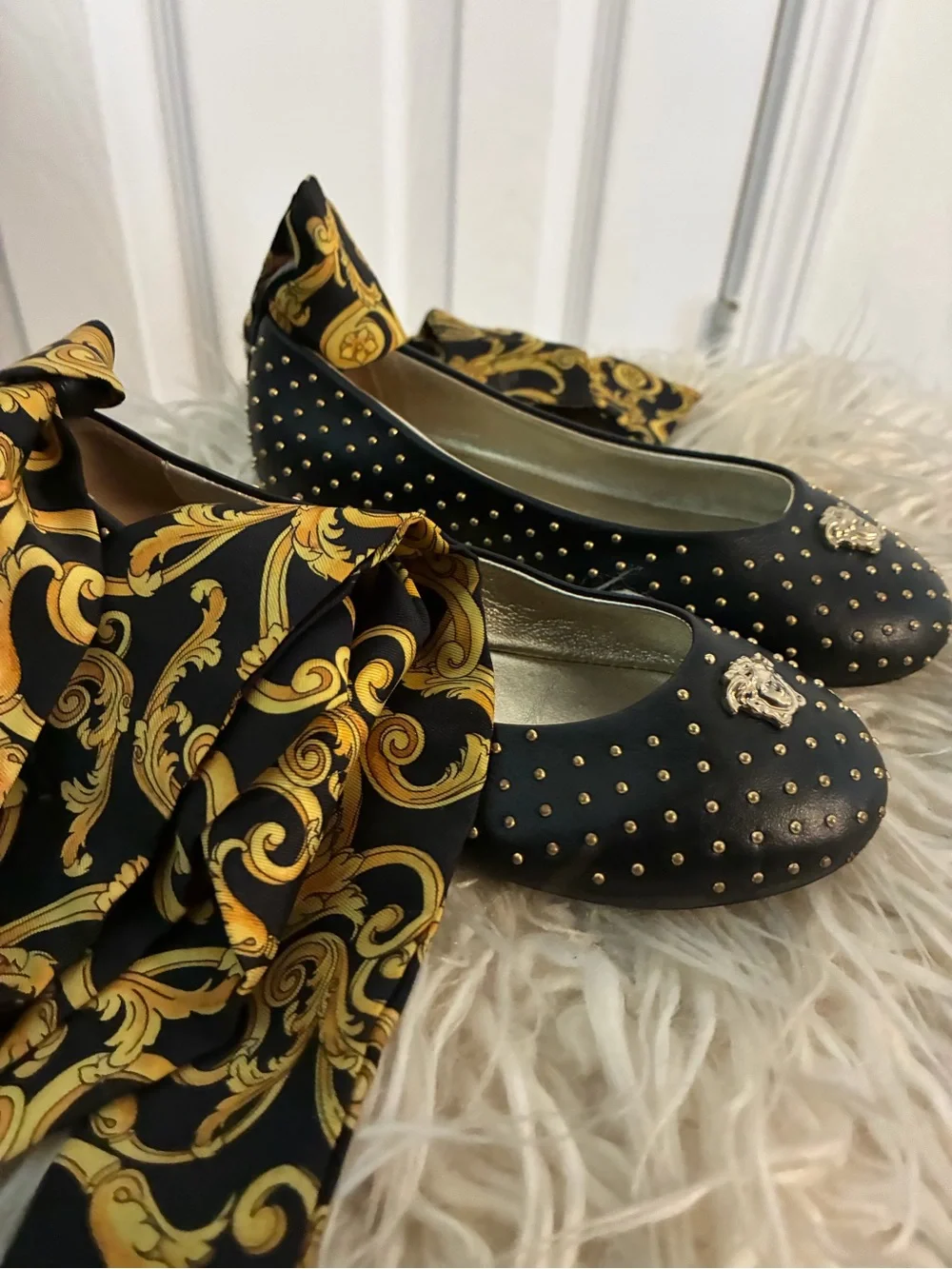 Versace Black and Gold Studded Ballet Flats with Medusa Charm